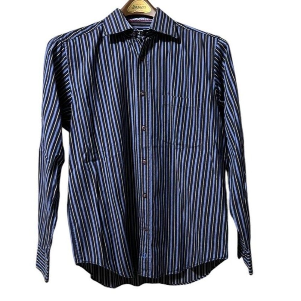 Bugatchi Button Down Shirt Flip Cuff Striped Blue Mens Size Measured Classic